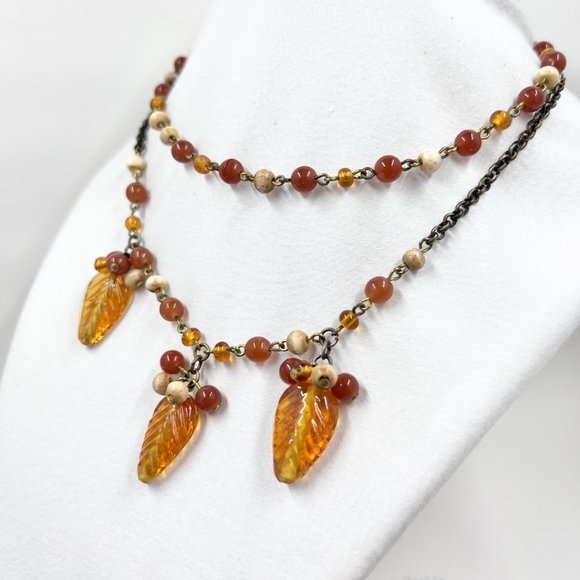NWT - Nine West - Orange Leaf Charms & Beaded Two Strand 14” Choker Necklace - Picture 3 of 7